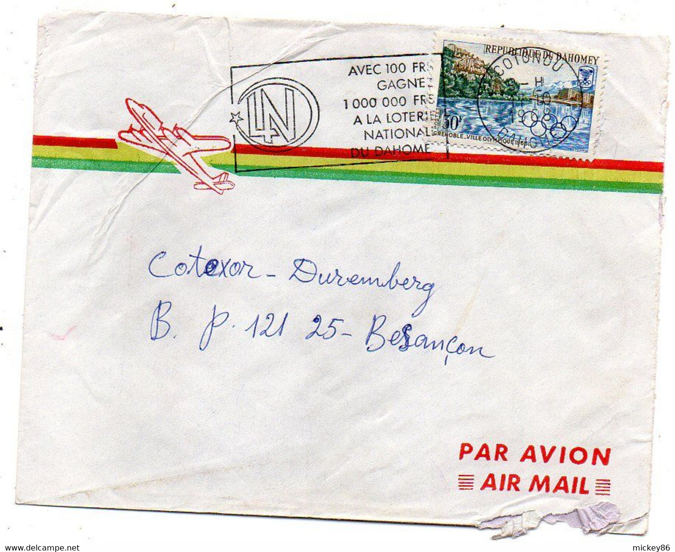 DAHOMEY-1968--lettre De COTONOU  Pour Besançon-25-- Tp Grenoble..ville Olympique Seul Sur Lettre...cachet  LN Loterie - Benin - Dahomey (1960-...)