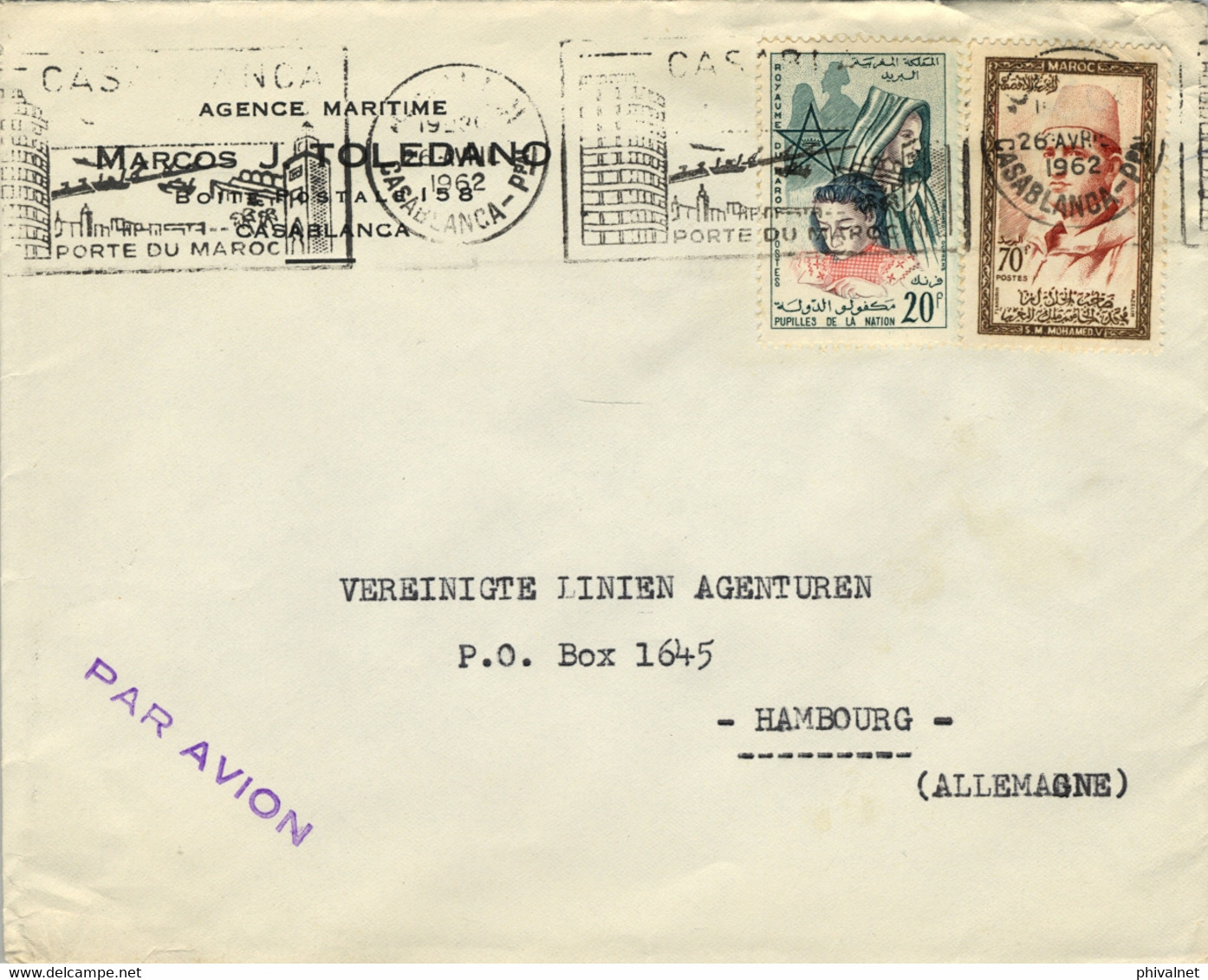 1962 MARRUECOS , SOBRE CIRCULADO , CASABLANCA - HAMBURGO , CORREO AÉREO - Marokko (1956-...)