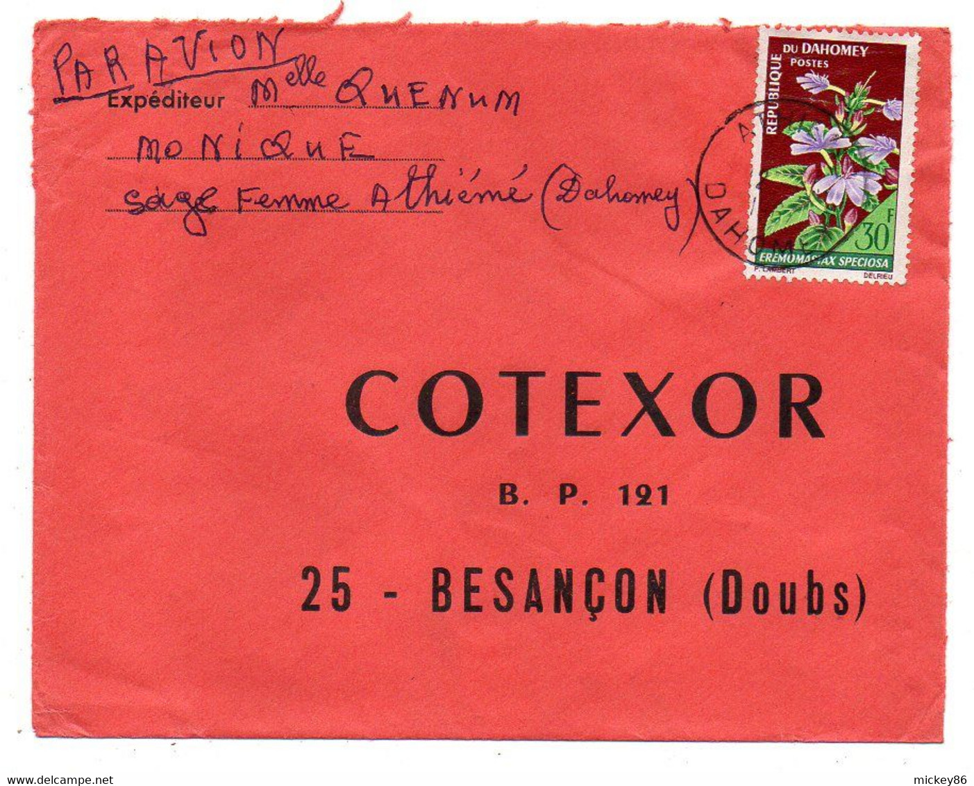 DAHOMEY-1967--lettre  ATHIEME   Pour Besançon-25-- Tp  Fleur   Seul Sur Lettre...cachet . - Benin - Dahomey (1960-...)