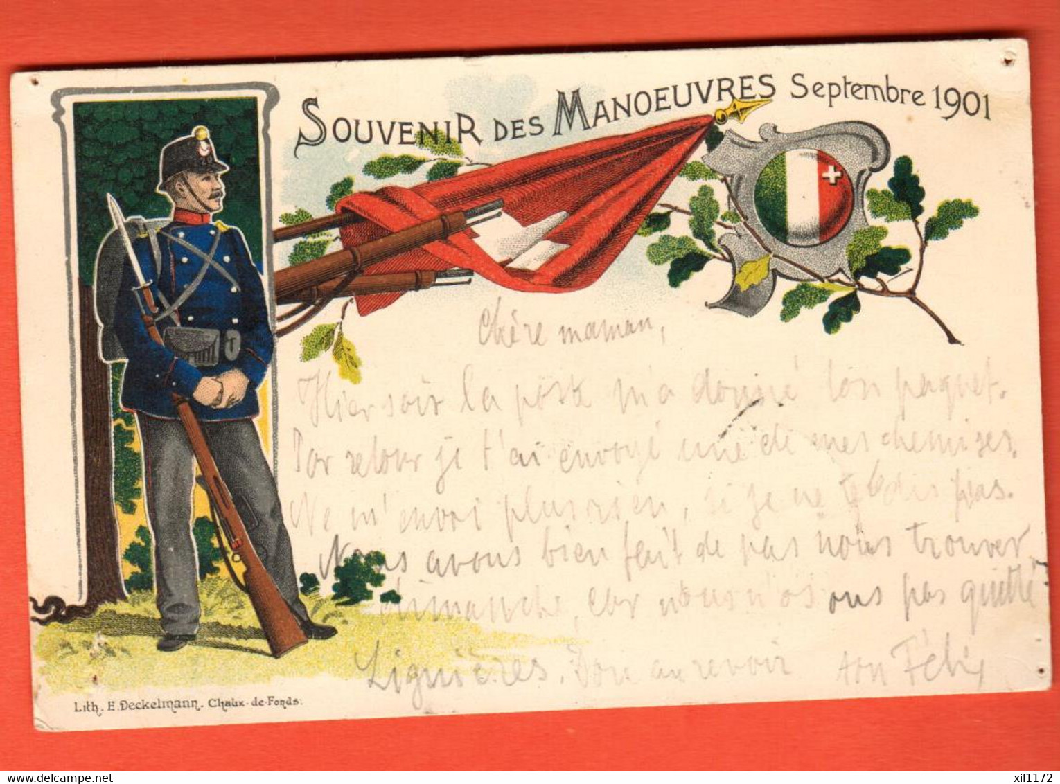 ZSF-11 TRES RARE Canton Neuchâtel Souvenir Des Manoeuvres Militaires Septembre 1901 Litho.Cachet Lignières 1901 - Lignières