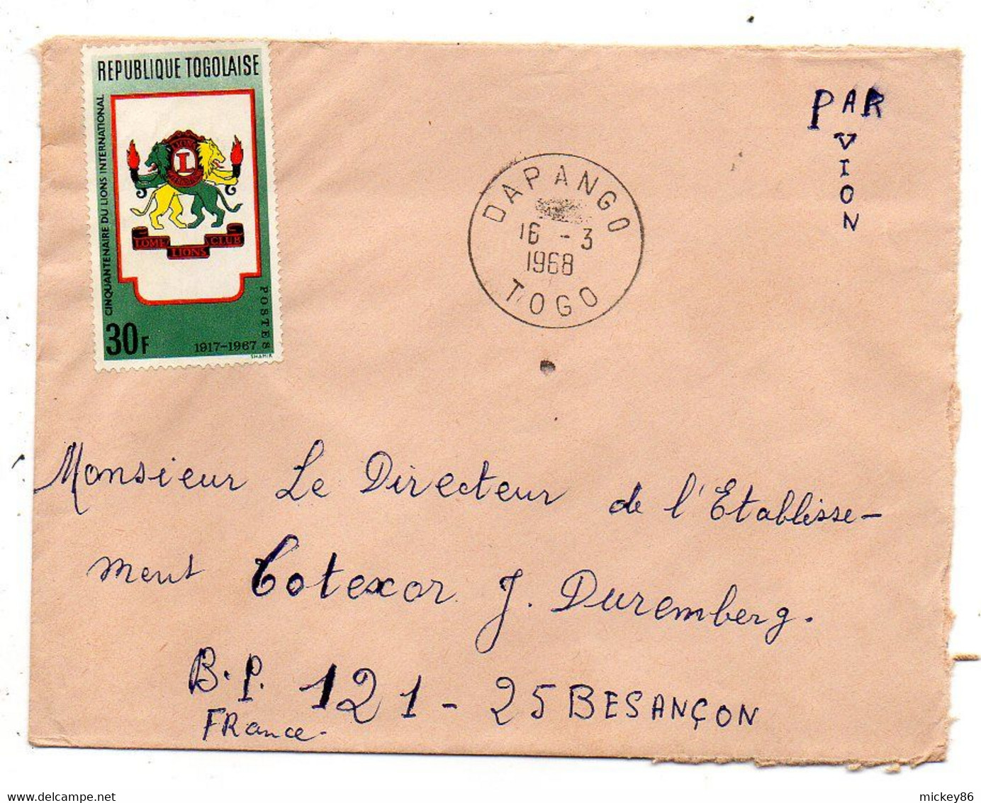 TOGO -1968--lettre  DAPANGO  Pour Besançon-25-- Tp  50ans LIONS INTERNATIONAL  Sur Lettre.. Cachet - Togo (1960-...)