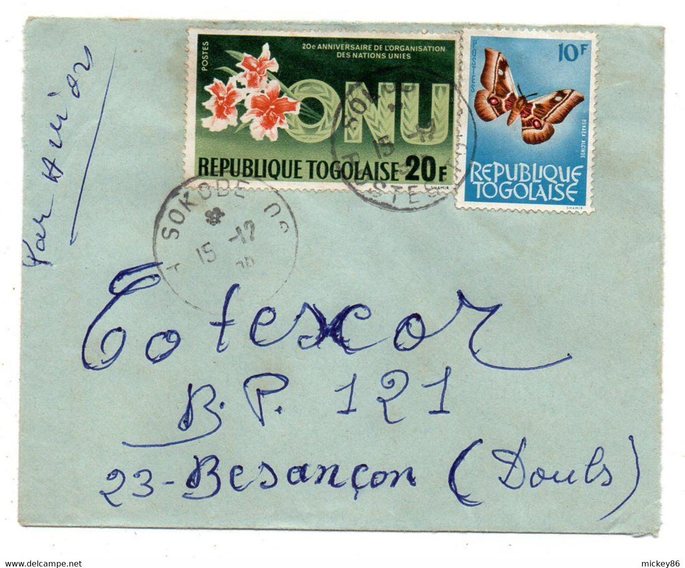 TOGO -1967--lettre  SOKODE  Pour Besançon-25-- Tp 20 Ans ONU , Papillon     Sur Lettre.. Cachet - Togo (1960-...)