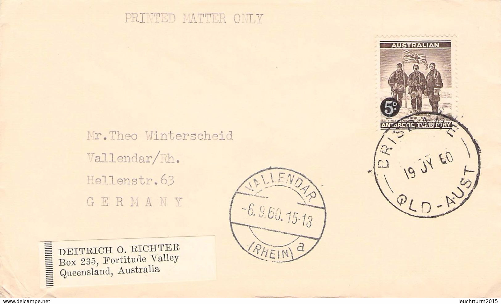 AUSTRALIAN ANTARCTIC TERR: - LETTER 1960 BRISBANE > VALLENDAR/DE Mi #2 / 4-16 - Covers & Documents