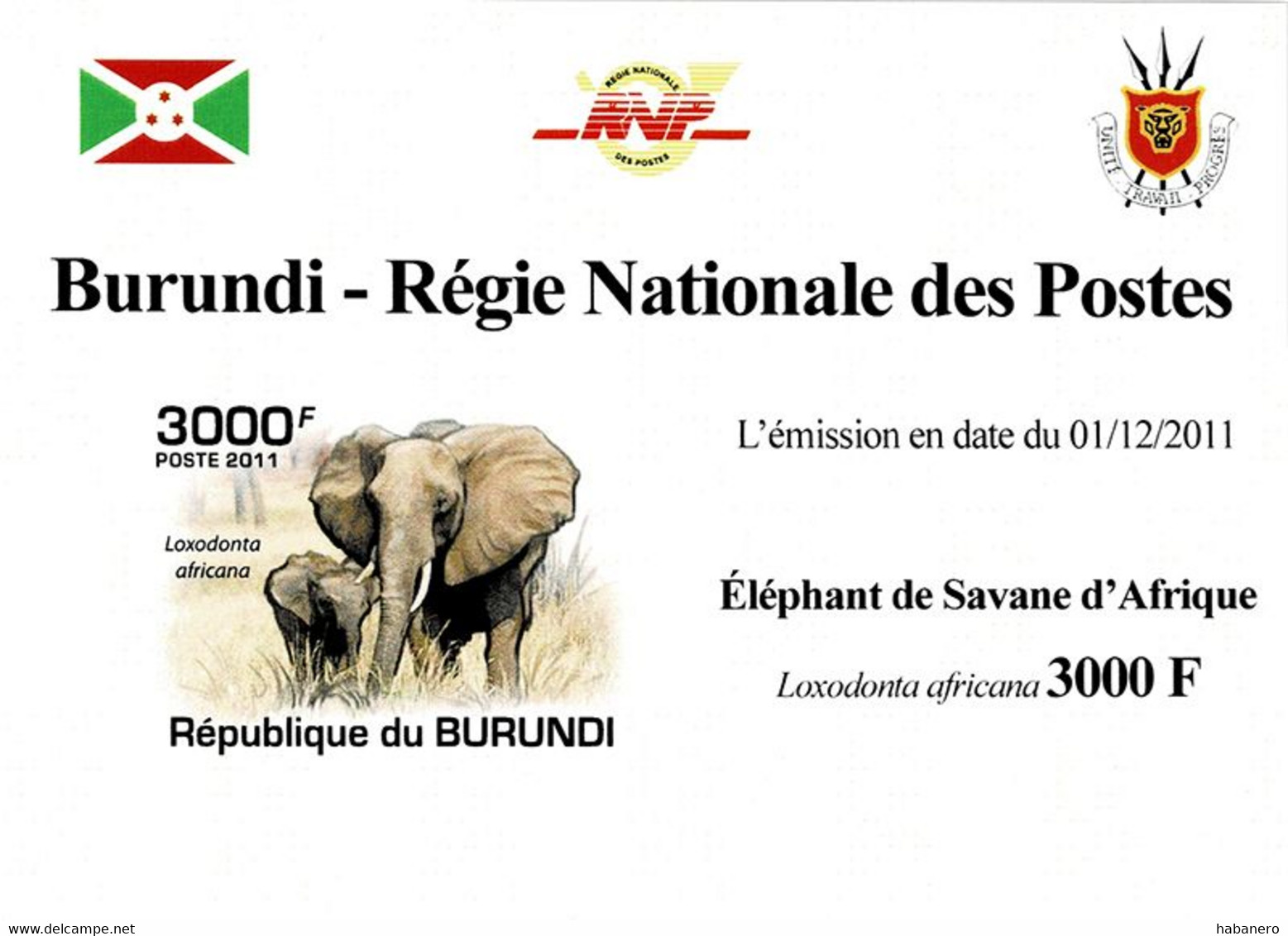 BURUNDI 2011 Mi 2033B AFRICAN SAVANNA ELEPHANT MINT IMPERFORATED MINIATURE SHEET ** - Blokken & Velletjes