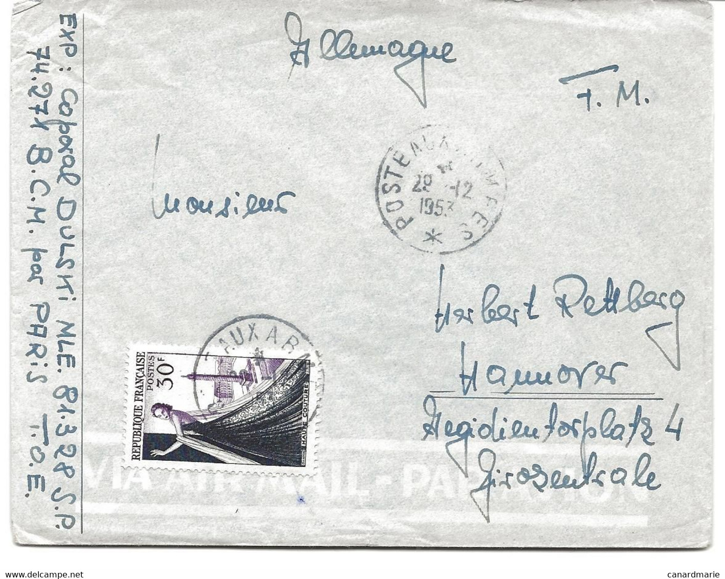 LETTRE PAR AVION POUR L'ALLEMAGNE 1953 AVEC TIMBRE A 30 FR HAUTE COUTURE ET CACHET POSTE AUX ARMEES - Guerre D'Indochine / Viêt-Nam