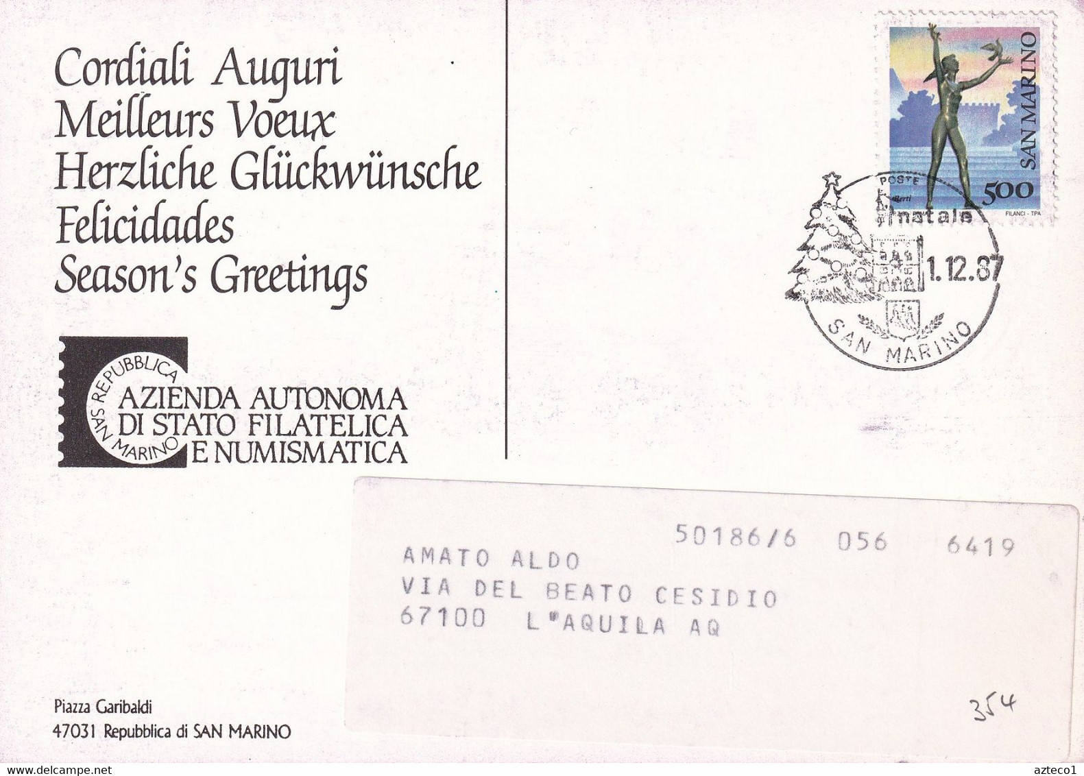 SAN MARINO - CARTOLINA DI AUGURI 1987 DA LIRE 500 - MUSEO ALL'APERTO - Lettres & Documents