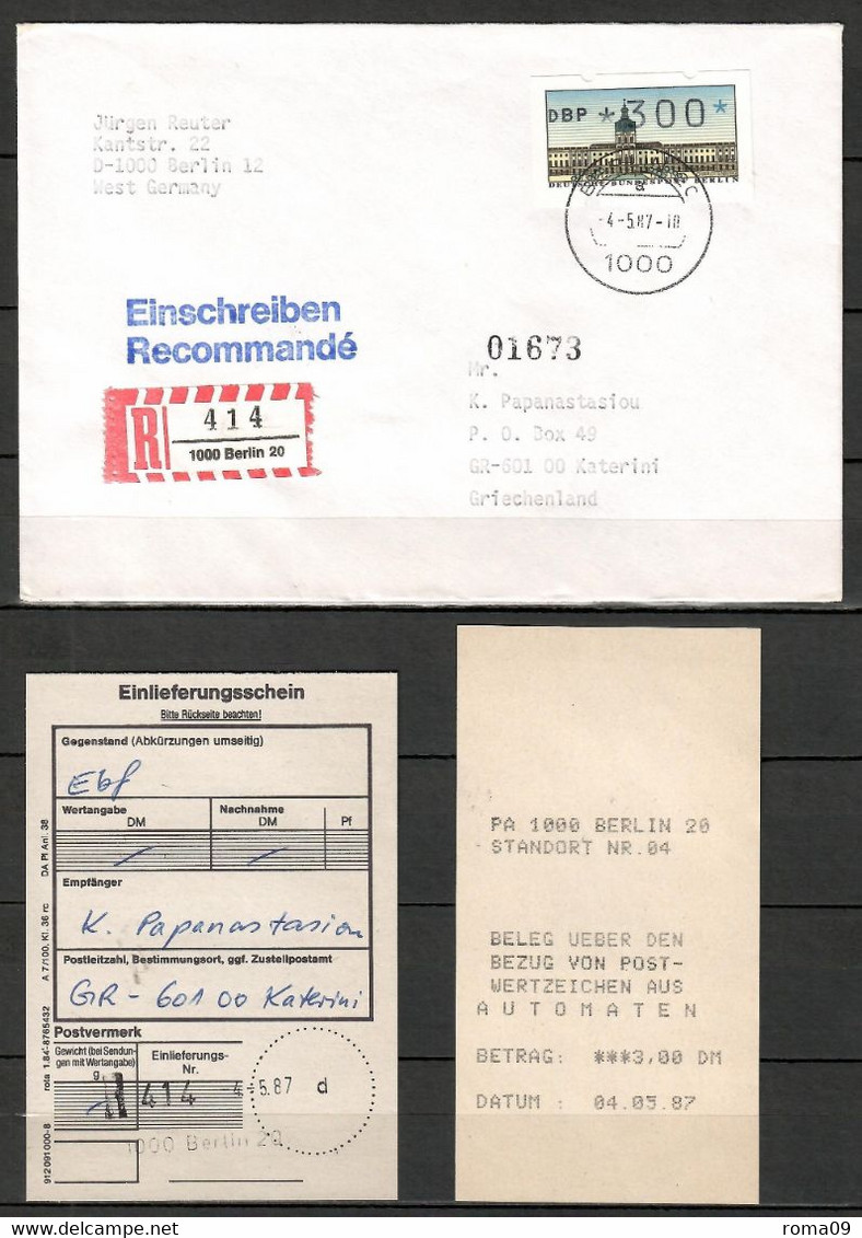 Berlin; FDC, ATM: MiNr. 1, Auf Portoger. Brief / Einschreiben Von Berlin Nach Griechenland; F-237 - Machine Labels [ATM]