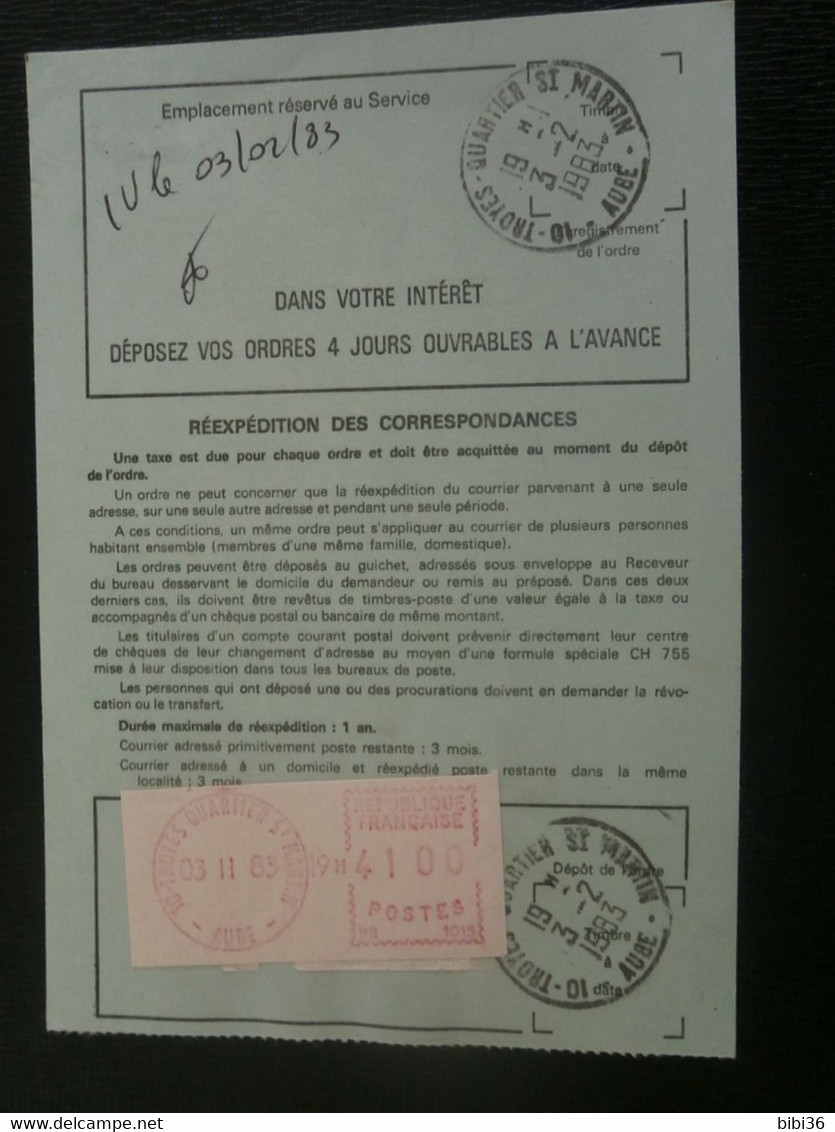 FRANCE LETTRE ENVELOPPE COURRIER ORDRE REEXPEDITION DEFINITIF TIMBRE DISTRIBUTEUR VIGNETTE AFFRANCHISSEMENT TROYES AUBE - Covers & Documents