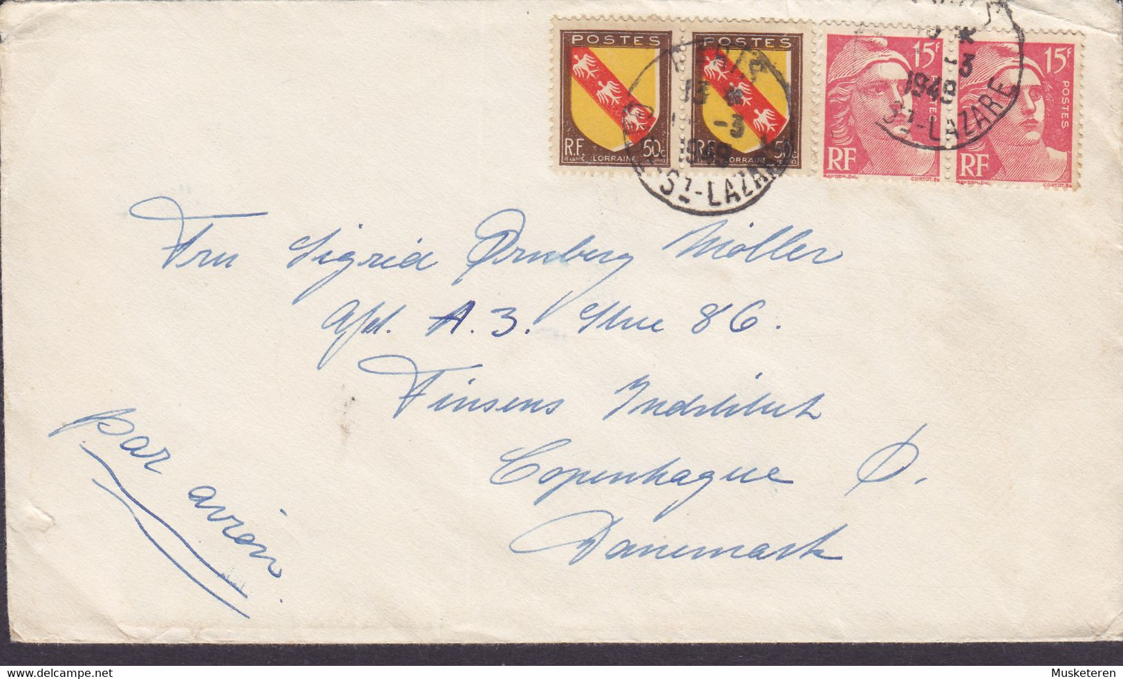 France PARIS St. Lazaire 1948 Cover Lettre FINSEN Institut Denmark ERROR Variety 'Misplaced Yellow Print' (2 Scans) - Lettres & Documents