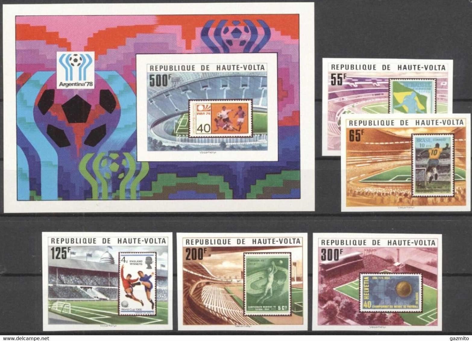 Haute Volta 1977, Football, Stamp On Stamp, 5val BF IMPERFORATED - Haute-Volta (1958-1984)
