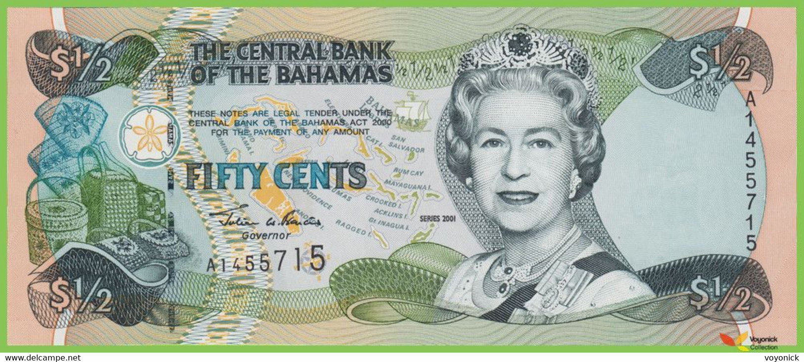 Voyo BAHAMAS ½ Dollar 2001 P68 B334a A UNC Queen Elisabeth II - Bahamas