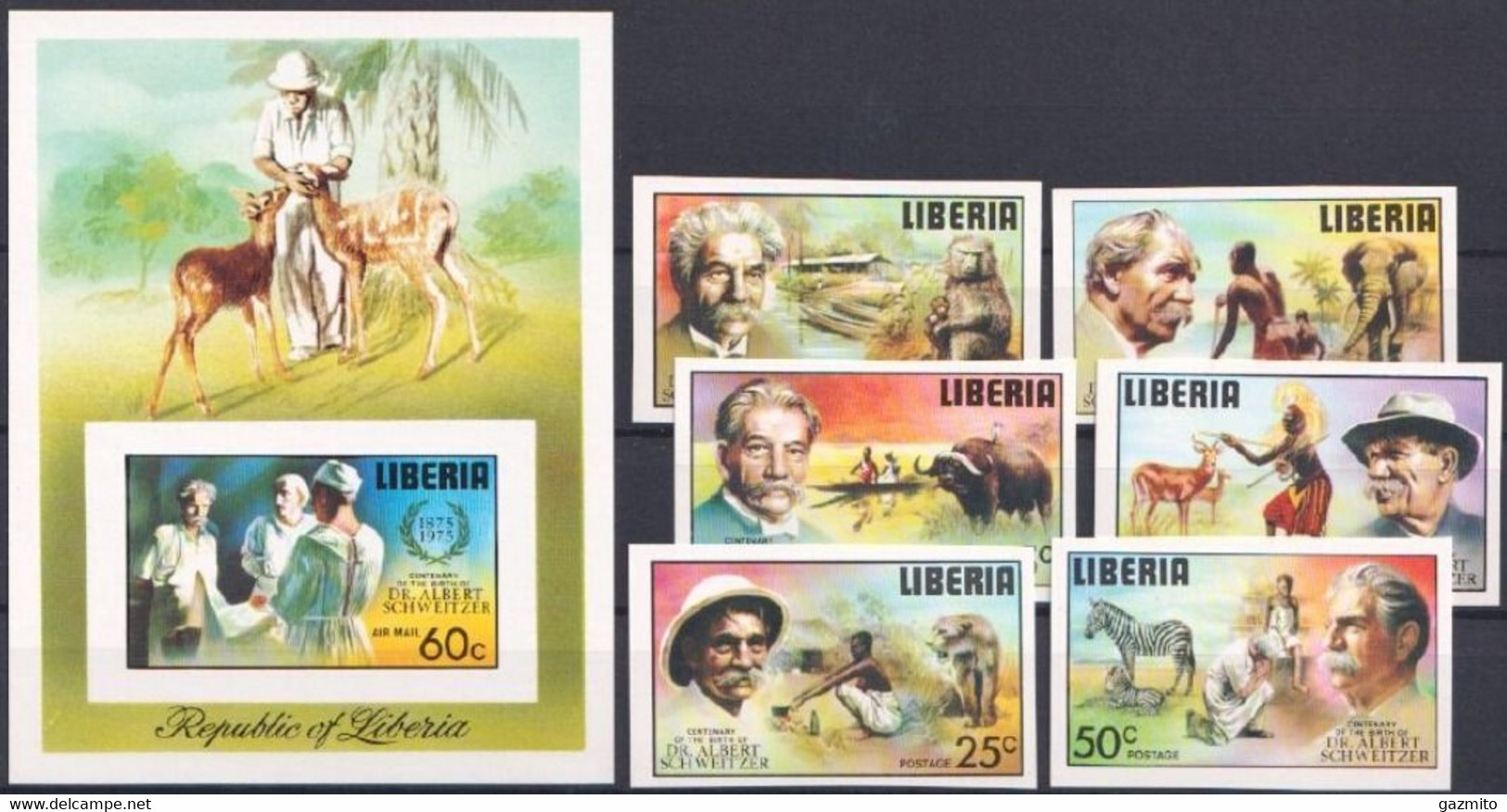 Liberia 1977, Schweitzer, Lion, Elephant, Monkey, 6val +BF IMPERFORATED - Albert Schweitzer