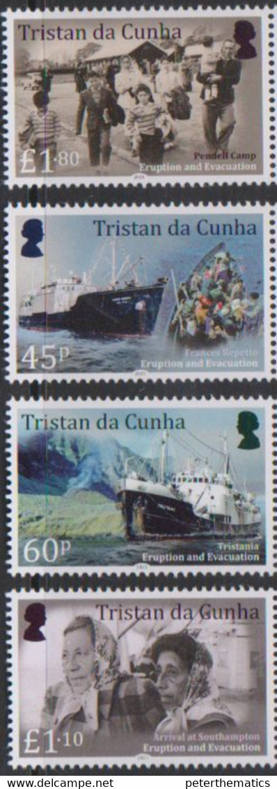 TRISTAN DA CUNHA, 2021, MNH, VOLCANO ERUPTION AND EVACUATION, SHIPS, BOATS, MOUNTAINS, 4v - Volcans