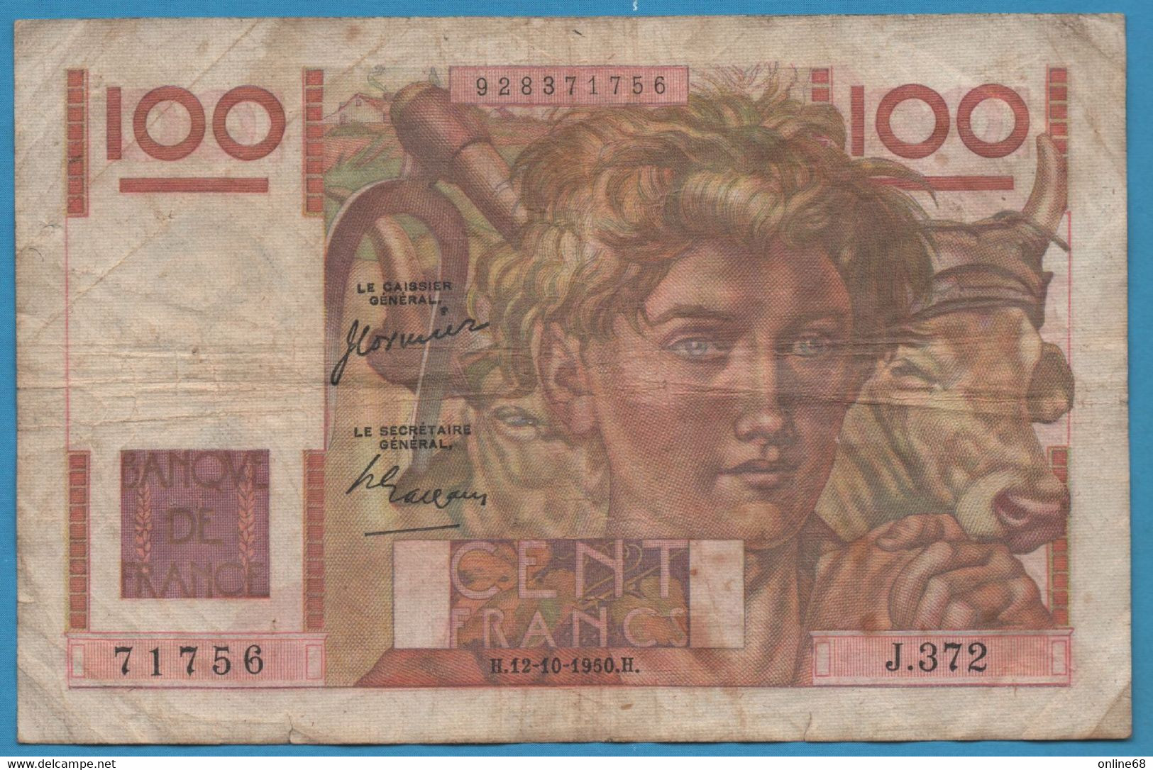 FRANCE 100 FRANCS 12.10.1950 # J.372 F# 28.27  JEUNE PAYSAN - 100 F 1945-1954 ''Jeune Paysan''