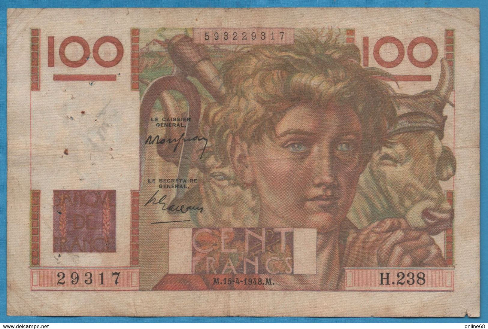 FRANCE 100 FRANCS 15.04.1948 # H.238 F# 28.17  JEUNE PAYSAN - 100 F 1945-1954 ''Jeune Paysan''