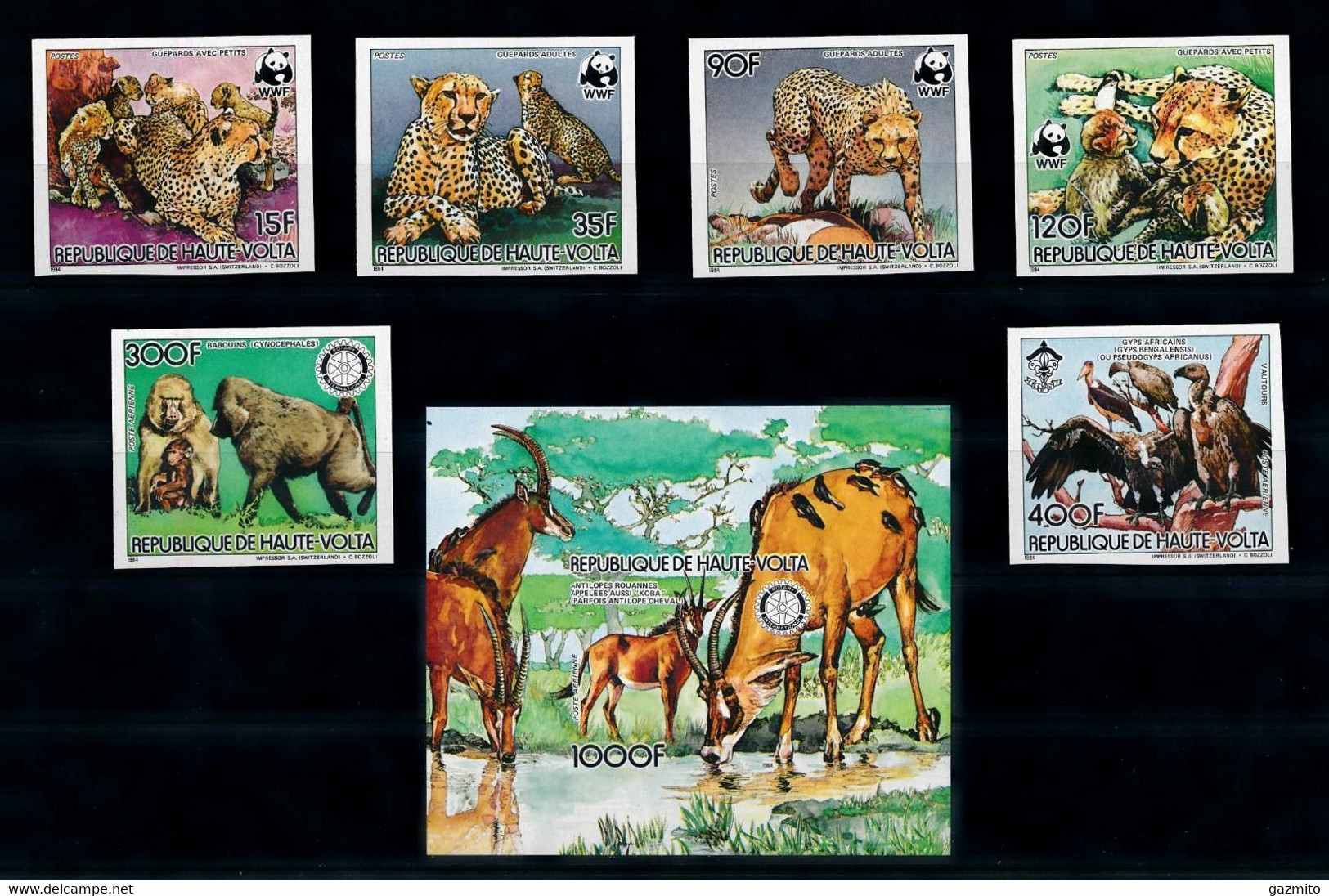 Haute Volta 1984, WWF, Rotary, Wild Cats, Monkey, Birds, 6val+BF IMPERFORATED - Haute-Volta (1958-1984)