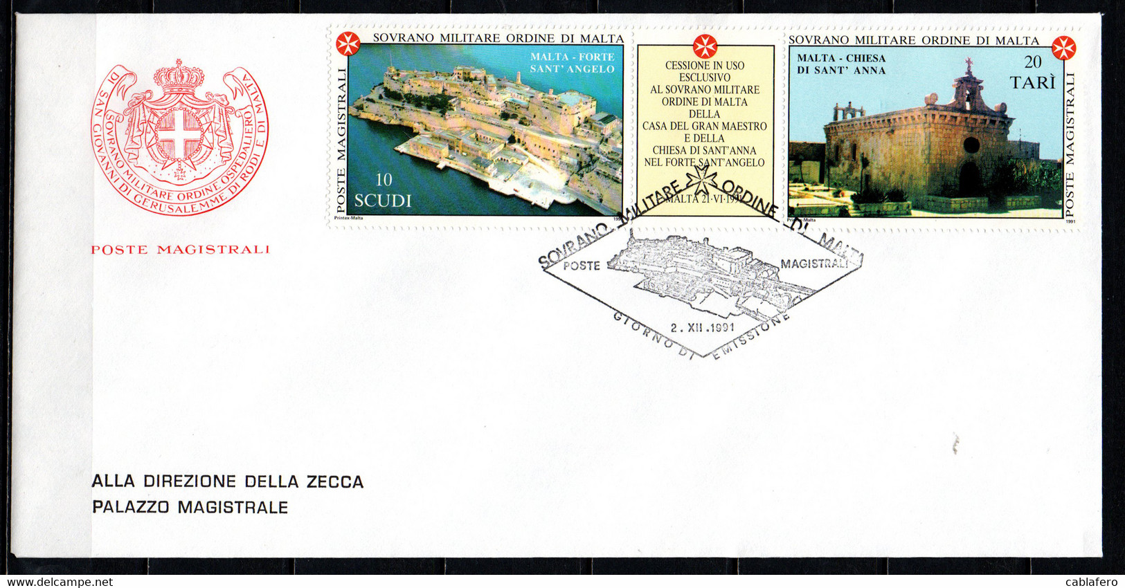 SMOM - 1991 - CHIESA DI SANT'ANNA NEL FORTE SANT'ANGELO DI MALTA - FDC - Sovrano Militare Ordine Di Malta