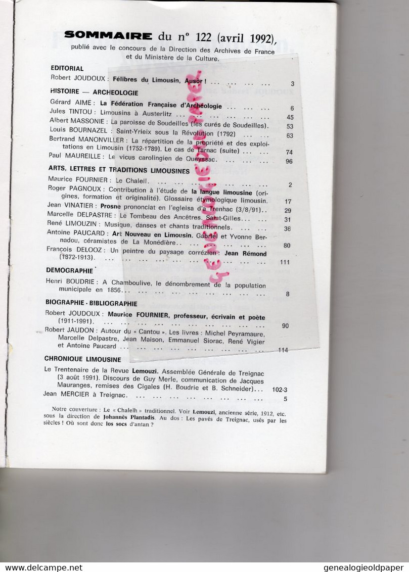 87-19-23- LEMOUZI-N° 122-AVRIL 1992-AUSTERLITZ-ST SAINT YRIEIX PERCHE-TARNAC-QUEYSSAC-SOUDEILLES-JEAN REMOND-CHAMBOULIVE - Limousin