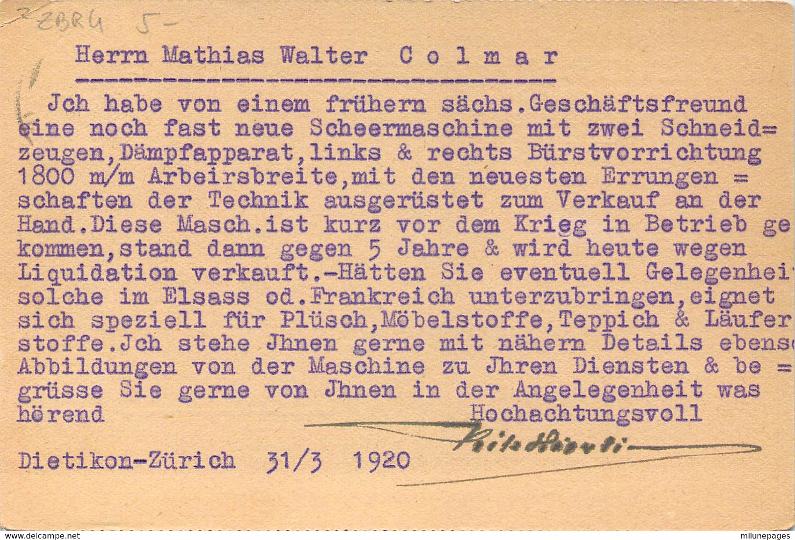 Suisse Schweiz ZU  Carte Commerciale Fritz Hürlimann Technisches Geschäft Dietikon-Zürich 1920 - Dietikon