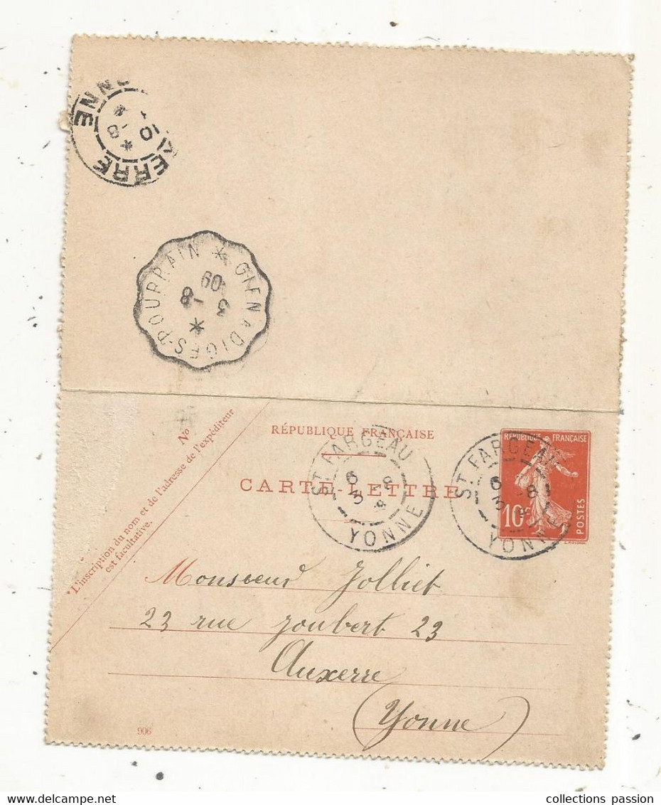 CARTE-LETTRE, Entier Postal, St FARGEAU,YONNE,1909, GIEN A DIGES-POURRAIN,  2 Scans - Cartes-lettres