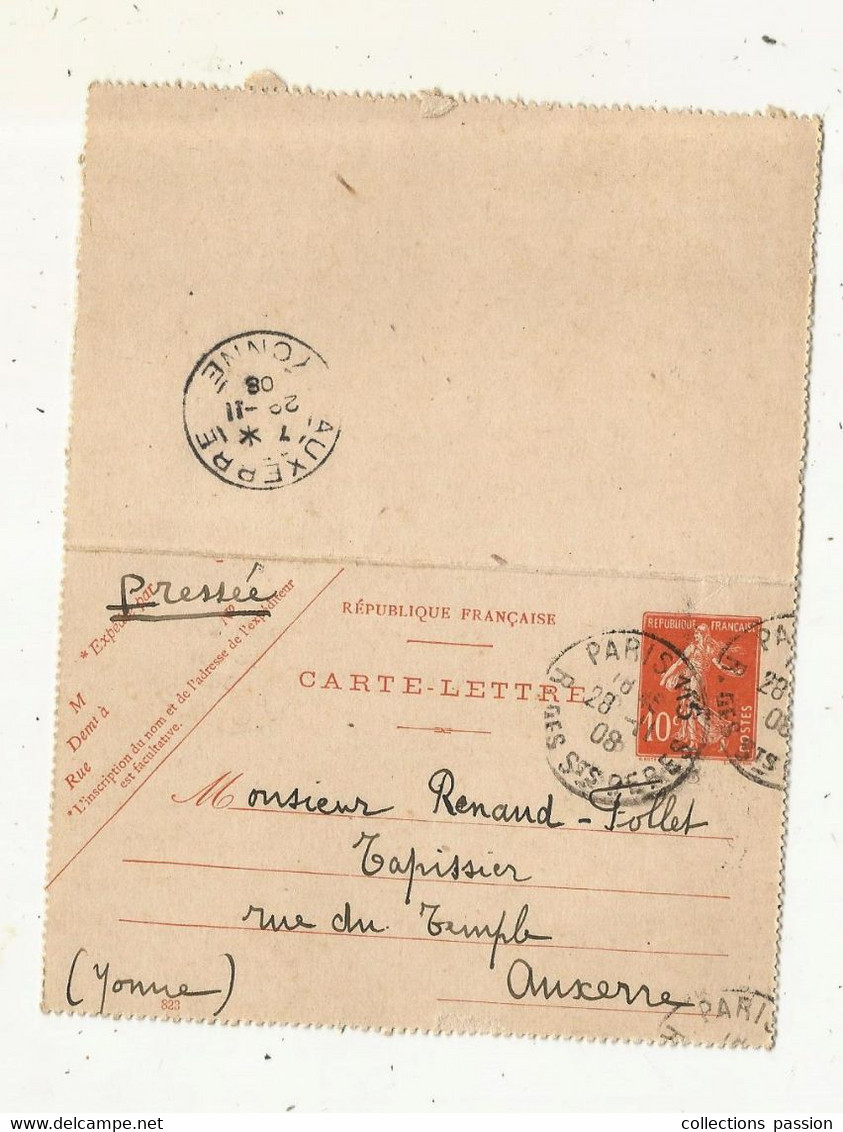 CARTE-LETTRE, Entier Postal, PARIS 115, R. DES Sts PERES, AUXERRE, YONNE, 1909, 2 Scans - Kartenbriefe