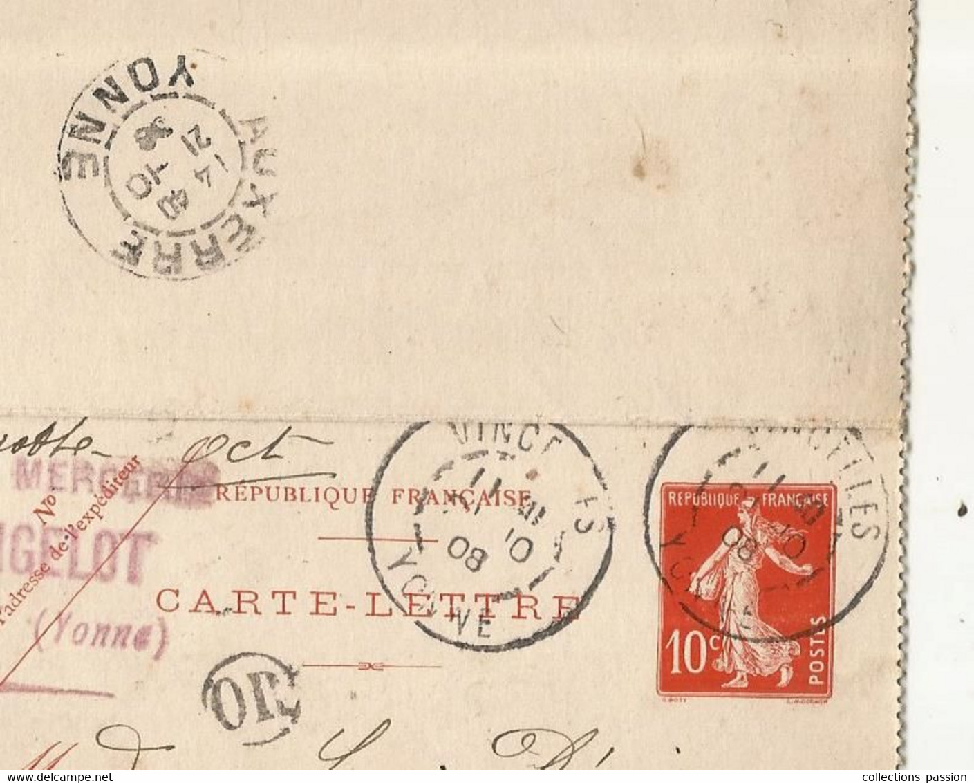 CARTE-LETTRE, Entier Postal, VINCELLES, YONNE, AUXERRE, 1909, OR,  2 Scans - Kaartbrieven