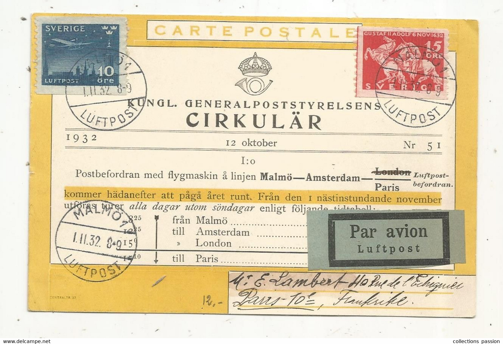 Carte Postale, Suéde, Sverige, Kungl. Generalpoststyrelsens CIRKULÄR,12 Oktober 1932, MALMO 1, LUFTPOST....... - 1930- ... Rouleaux II