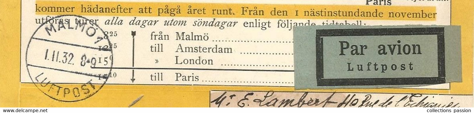 Carte Postale, Suéde, Sverige, Kungl. Generalpoststyrelsens CIRKULÄR,12 Oktober 1932, MALMO 1, LUFTPOST....... - 1930- ... Rouleaux II