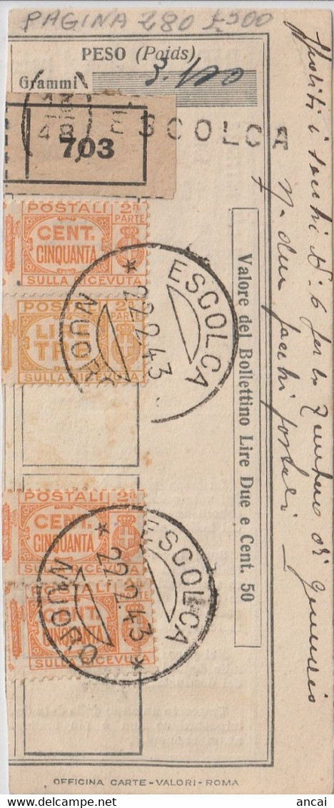 A117. Escolca. 1943. Ricevuta Pacco Postale Con Guller ESCOLCA *NUORO*, Per Nuoro. Frazionario ESCOLCA ( 13 / 48) - Colis-postaux