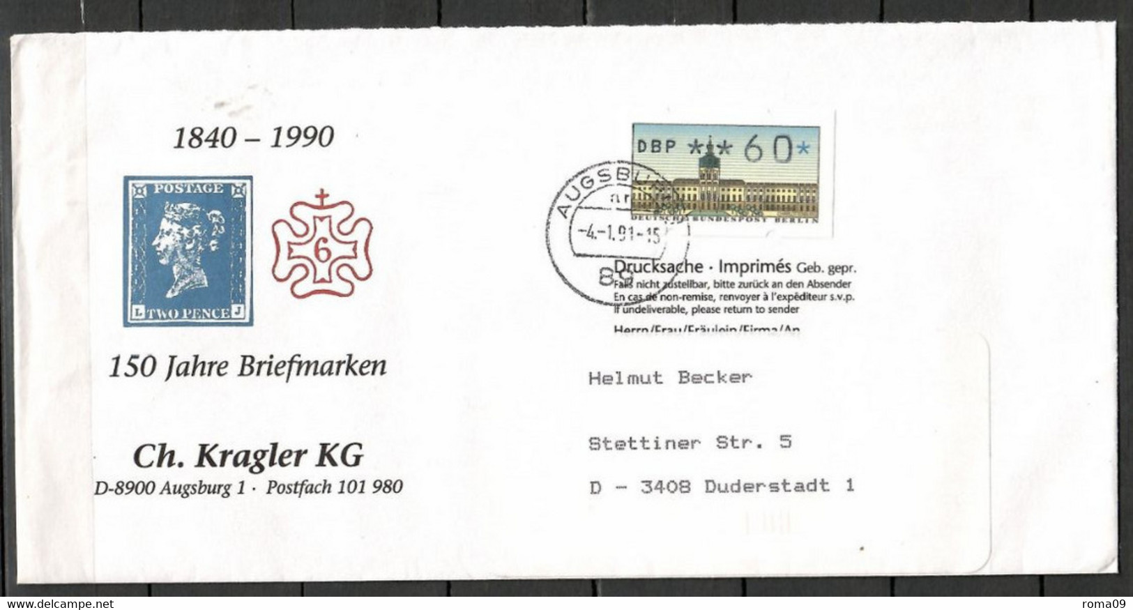Berlin; ATM: MiNr. 1, Auf Portoger. Drucksache Von Augsburg Nach Duderstadt; F-242 - Vignette [ATM]