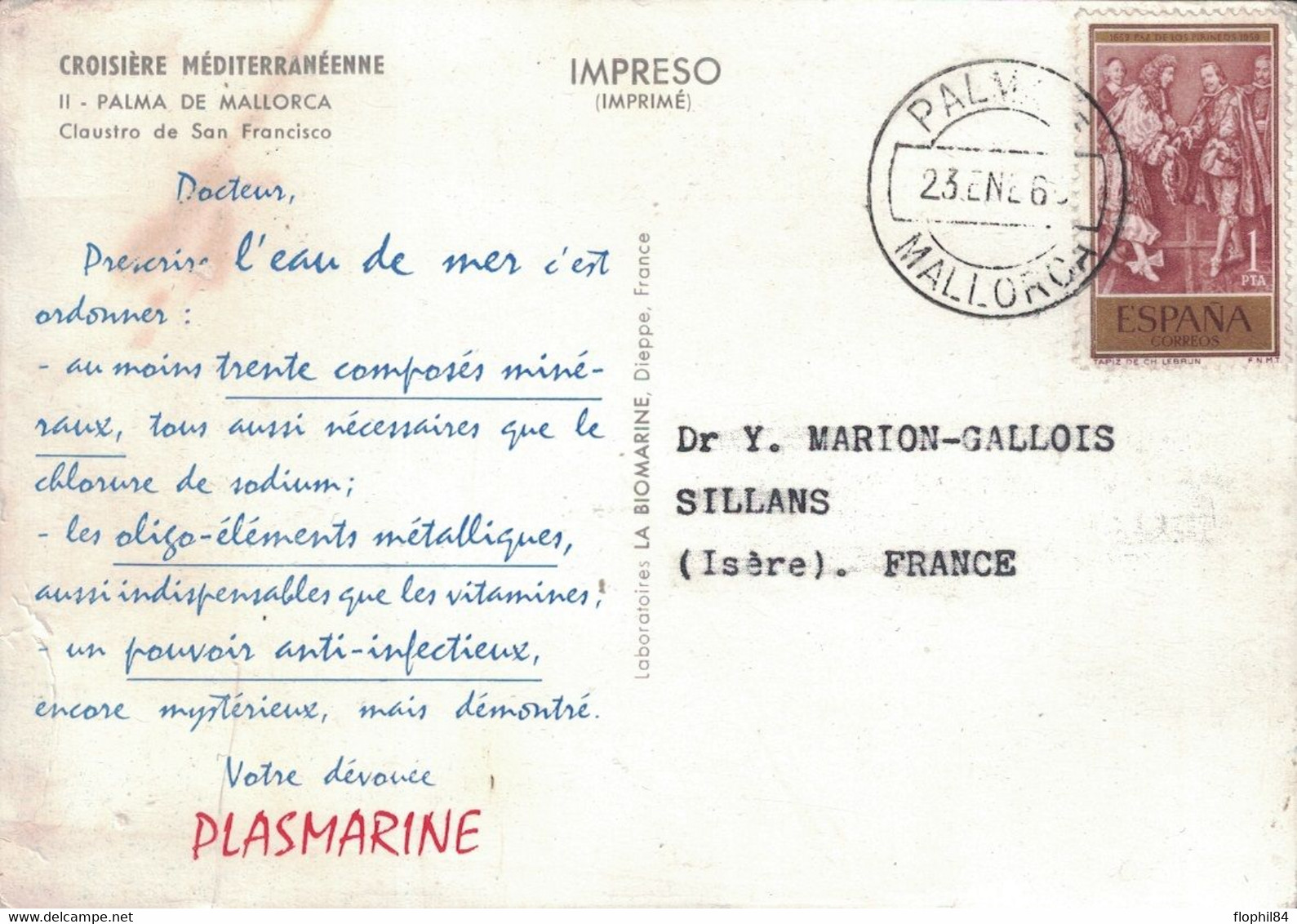 ESPAGNE - CROISIERE MEDITERRANEENNE - IONYL 1960 - PLASMARINE -  PALMA DE MALLORCA. - Covers & Documents