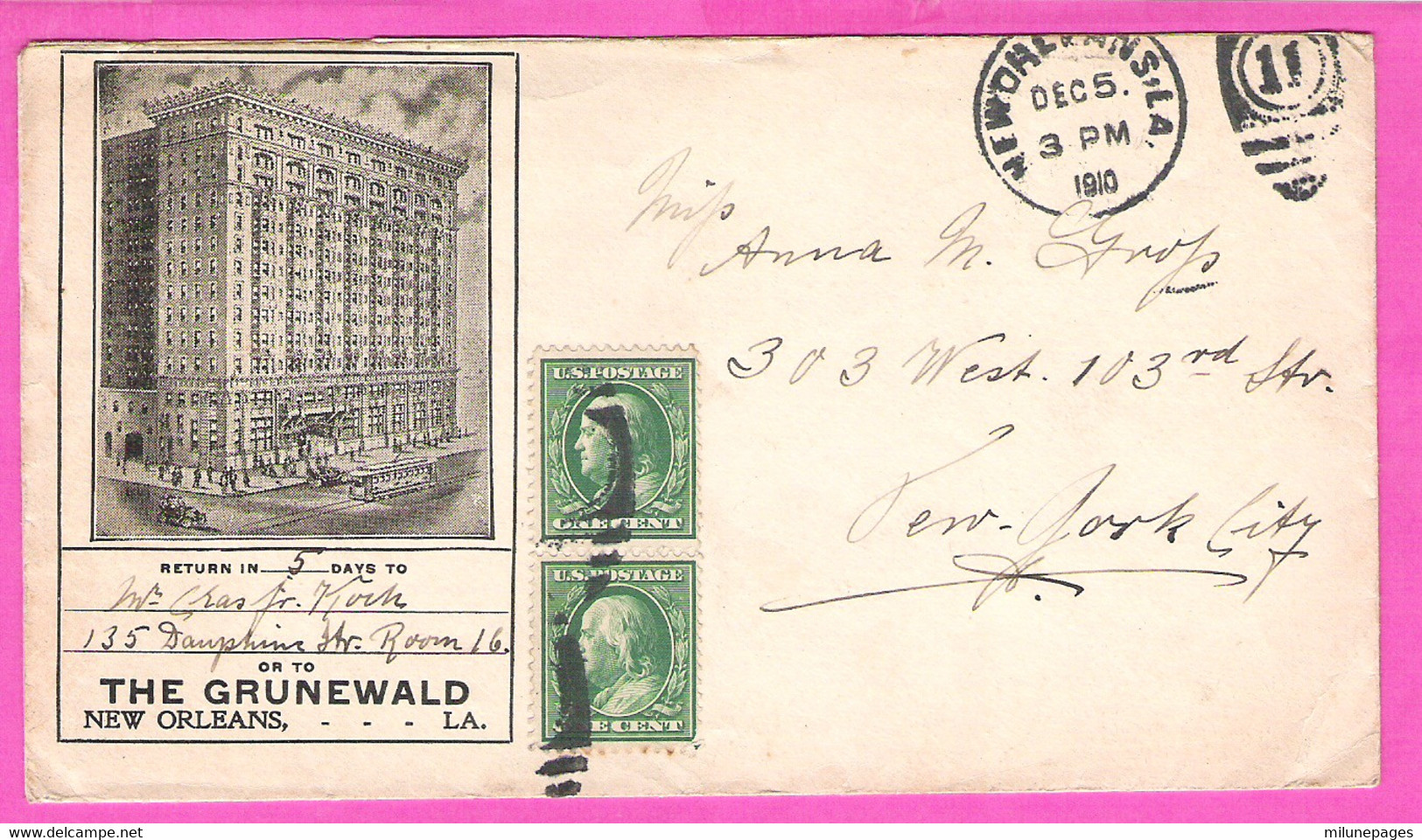USA Adv. Envelope From The Grunewald Hotel New Orleans LA 1910 - Enveloppes évenementielles