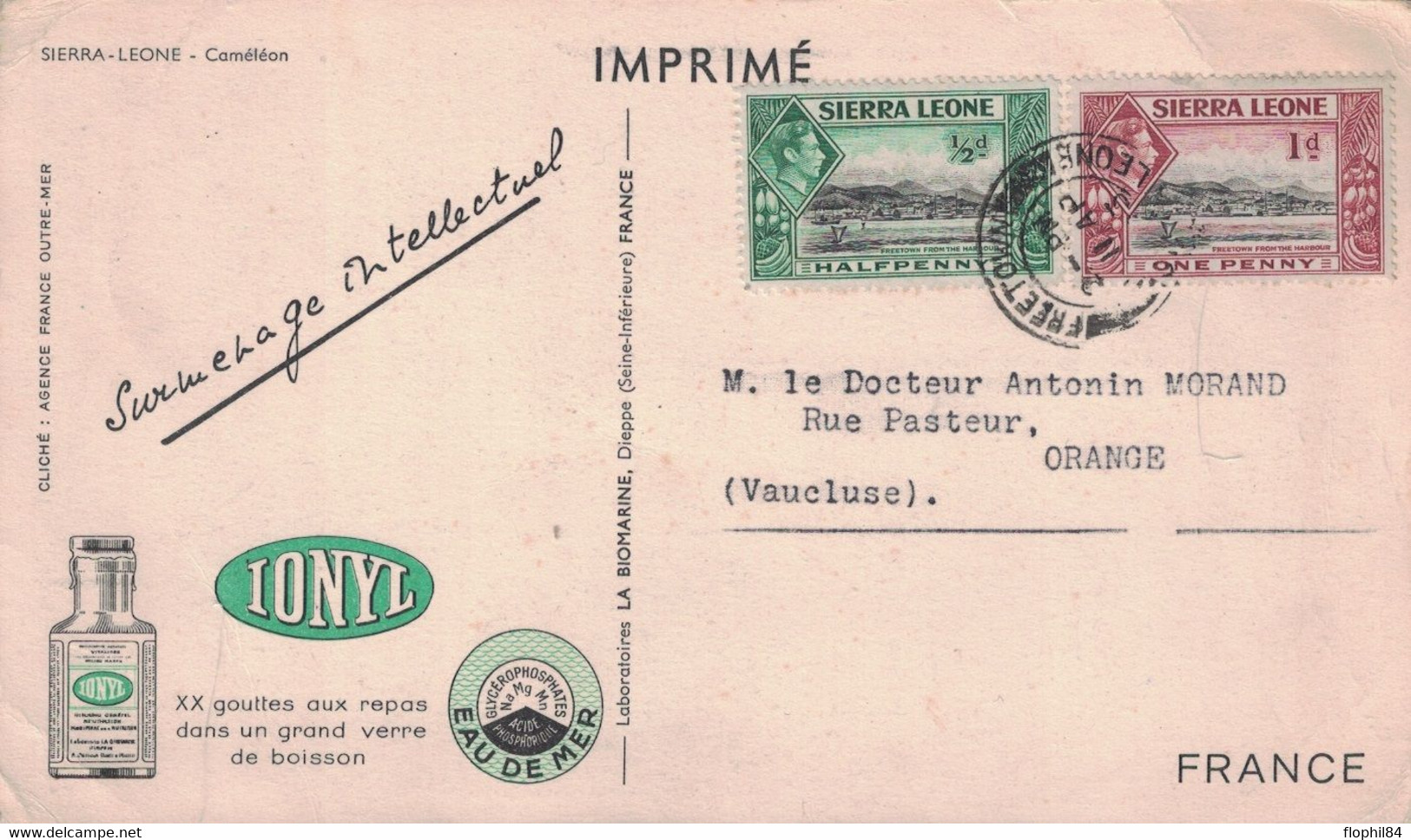 SIERRA LEONE - IONYL - PLASMARINE - MERINOL- LA COTE D'AFRIQUE PAR PLASMARINE 1952-1953 - CAMELEON. - Sierra Leona (...-1960)