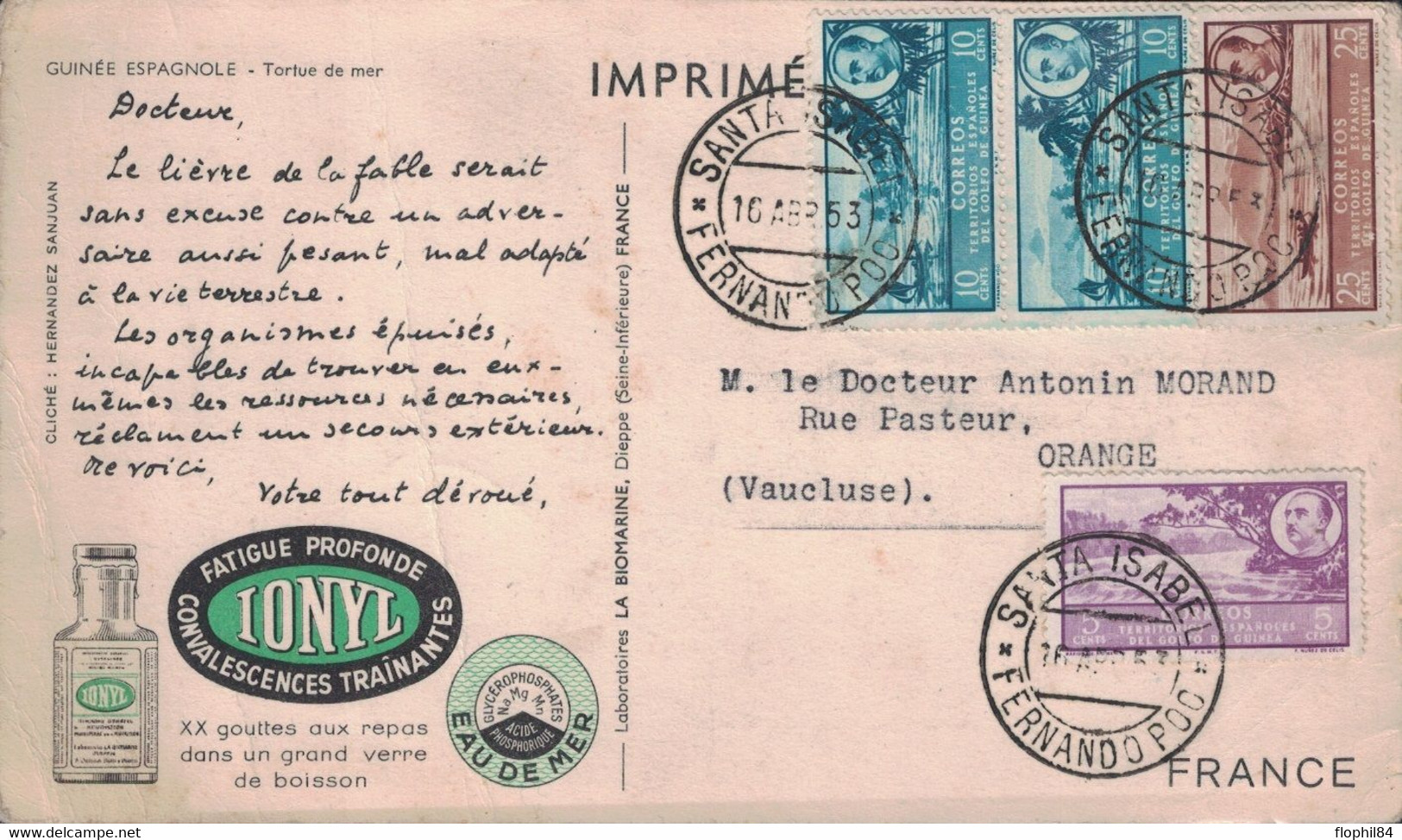GUINEE ESPAGNOLE - SANTA ISABELA - FERNANDOPOO - CARTE PERIPLE - IONYL - PLASMARINE - DU 16-4-1953 - Fernando Po