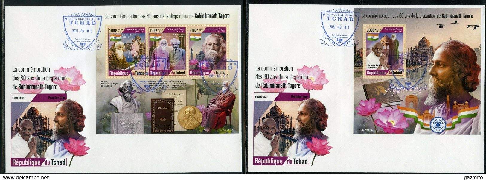 Tchad 2021, Tagore, Gandhi, Flowers, Flag, 3val In BF +BF In 2FDC - Hinduism