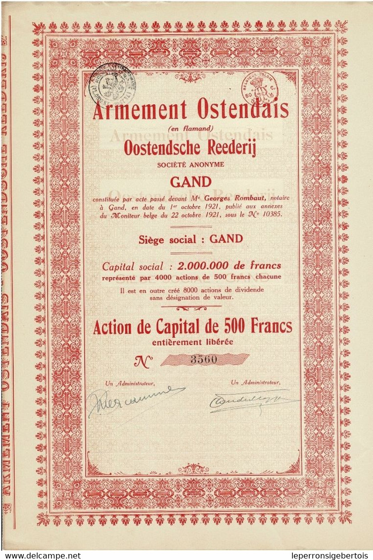 - Titre De 1921 -  Armement Ostendais - Oostendsche Reederij -Société Anonyme à Gand - Schiffahrt