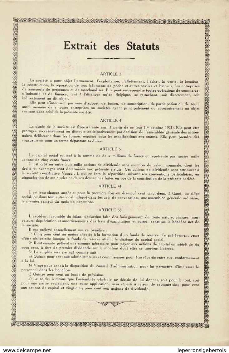 - Titre De 1921 -  Armement Ostendais - Oostendsche Reederij -Société Anonyme à Gand - Navigation