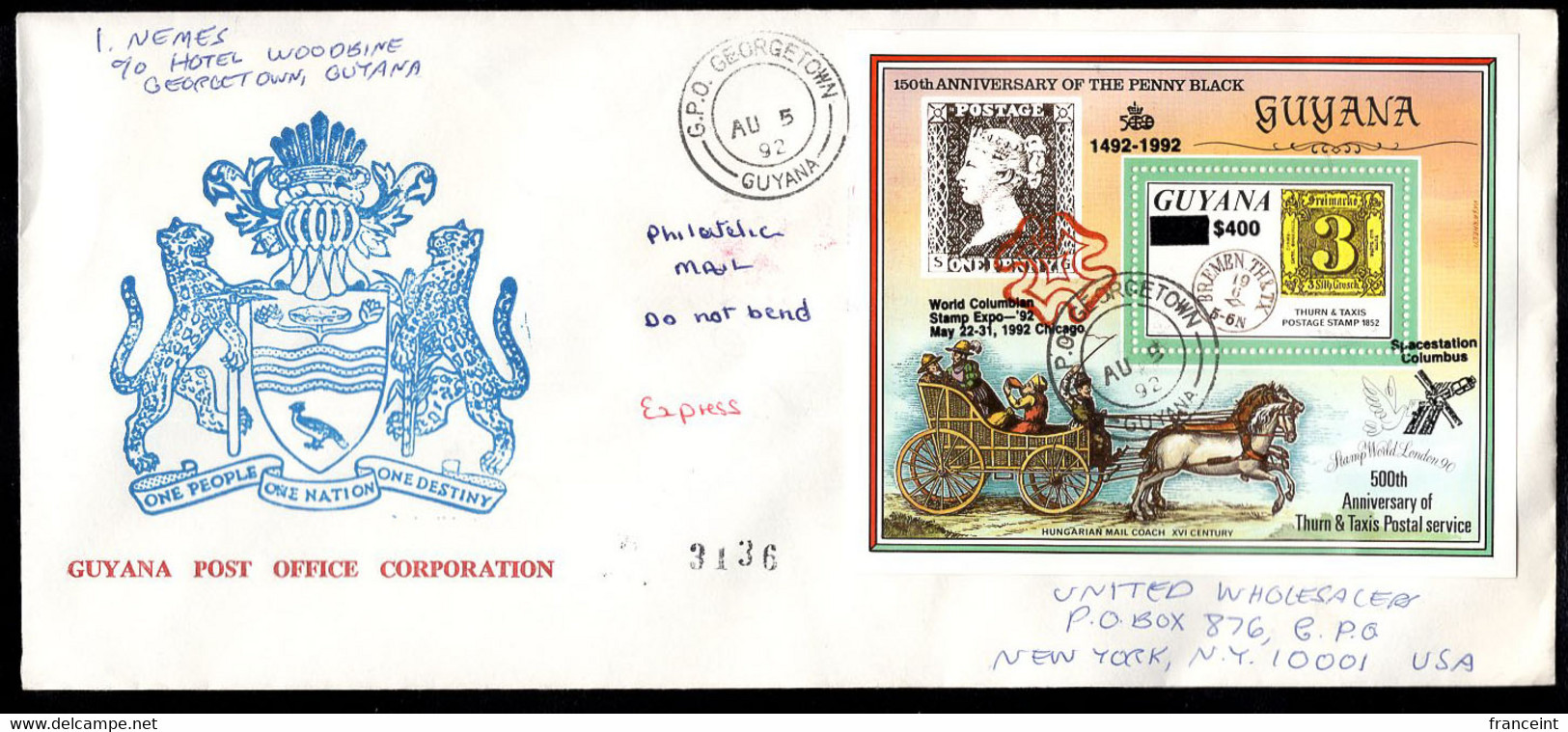 GUYANA(1992) Anniversaries Of Penny Black & Thurn & Taxis Postal Service. Express Mail FDC Of S/S. Unlisted Ovpt, Sc2275 - Guyane (1966-...)