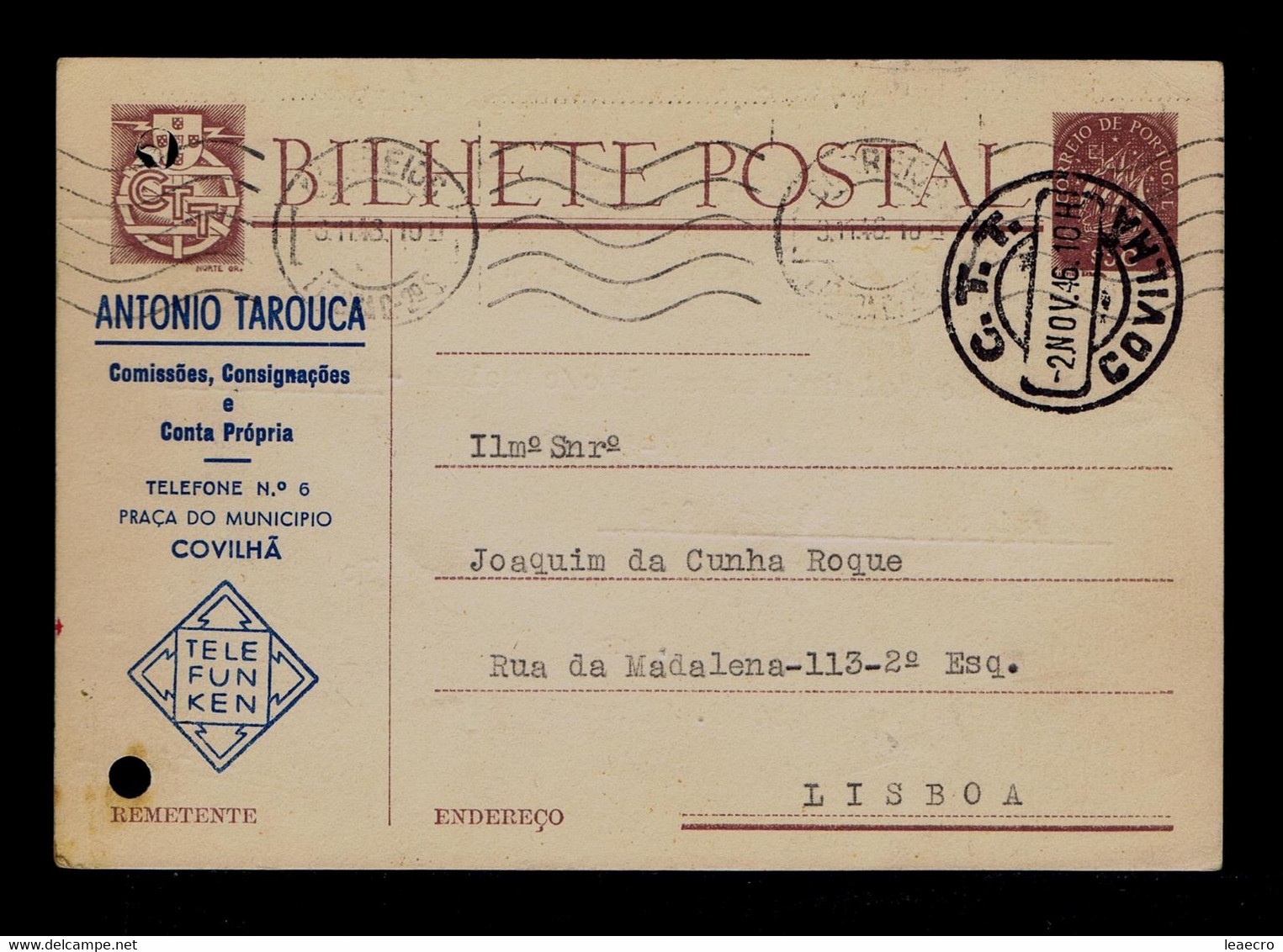 Gc7197 PORTUGAL Postal Stationery "COVILHÃ City" Date-pmk 1946-11-02 Mailed Lisboa (2 File Holes) - Flammes & Oblitérations