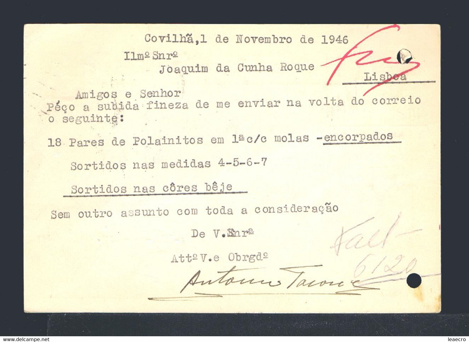 Gc7197 PORTUGAL Postal Stationery "COVILHÃ City" Date-pmk 1946-11-02 Mailed Lisboa (2 File Holes) - Flammes & Oblitérations