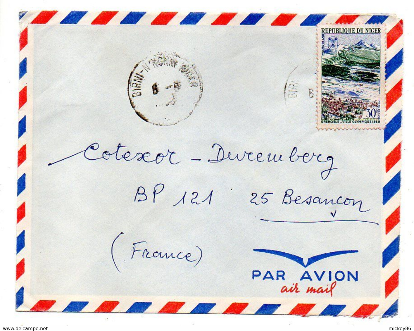 Niger-1968-Lettre BIRNI N'KONNI   Pour  Besançon-25 ( France) ..tp Grenoble Ville Olympique. Seul Sur Lettre ...à Saisir - Níger (1960-...)