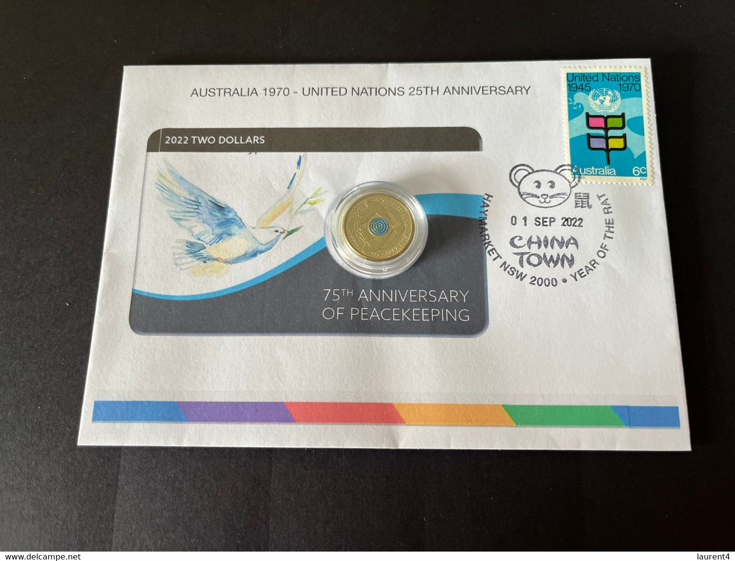 (3 L 57) Australian 75th Ann. Peacekkeping Coin On Cover With United Nations 1970 Australian Stamp - 2 Dollars