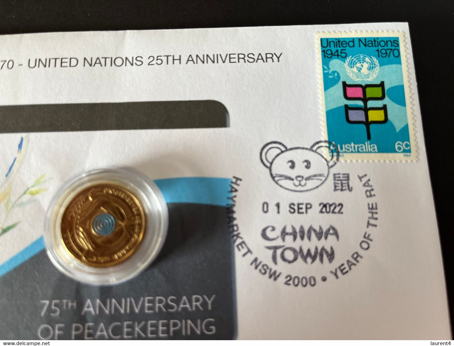 (3 L 57) Australian 75th Ann. Peacekkeping Coin On Cover With United Nations 1970 Australian Stamp - 2 Dollars
