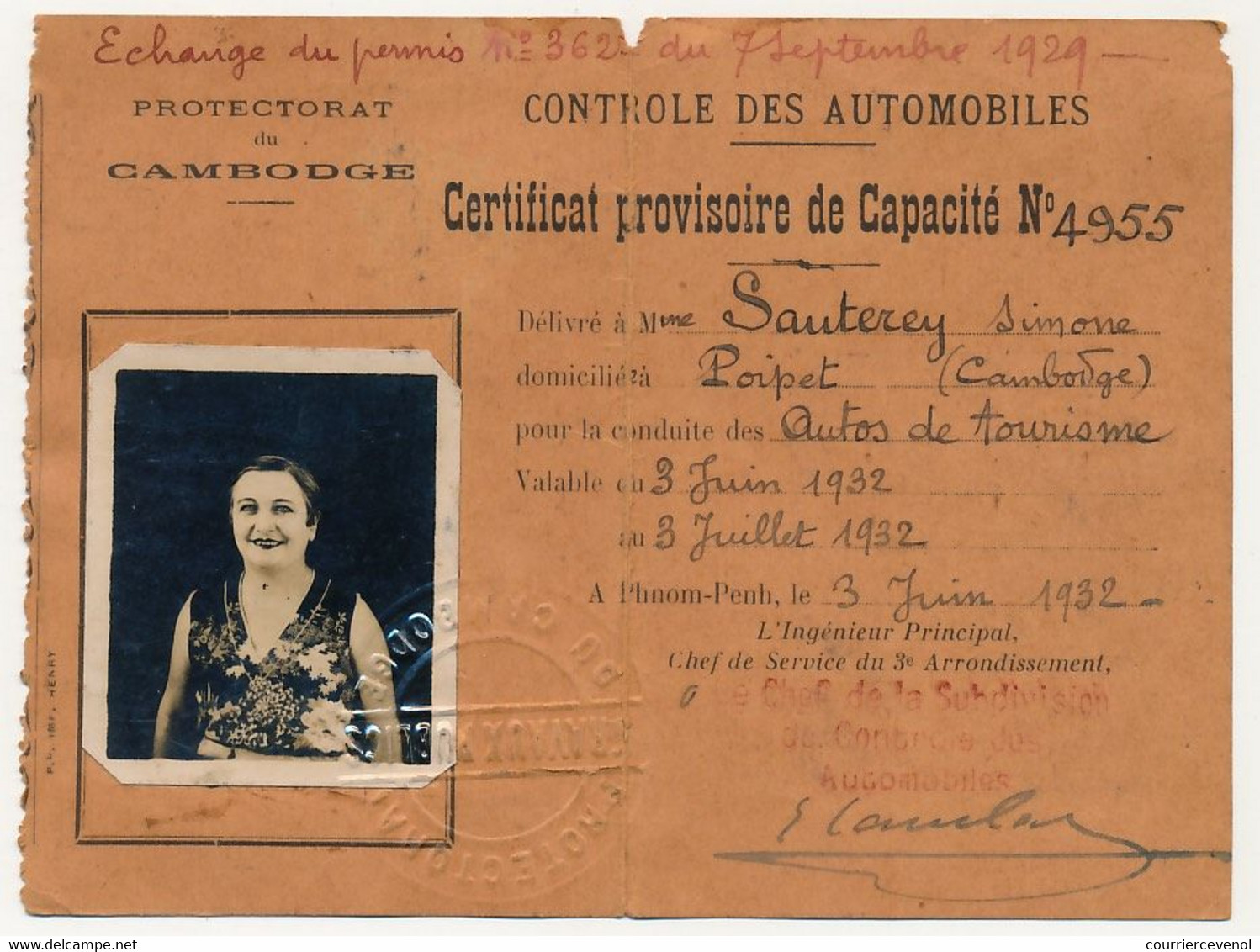 CAMBODGE (Protectorat) - Contrôle Des Automobiles - Certificat Provisoire De Capacité N°4955 - 1932 - Documents Historiques