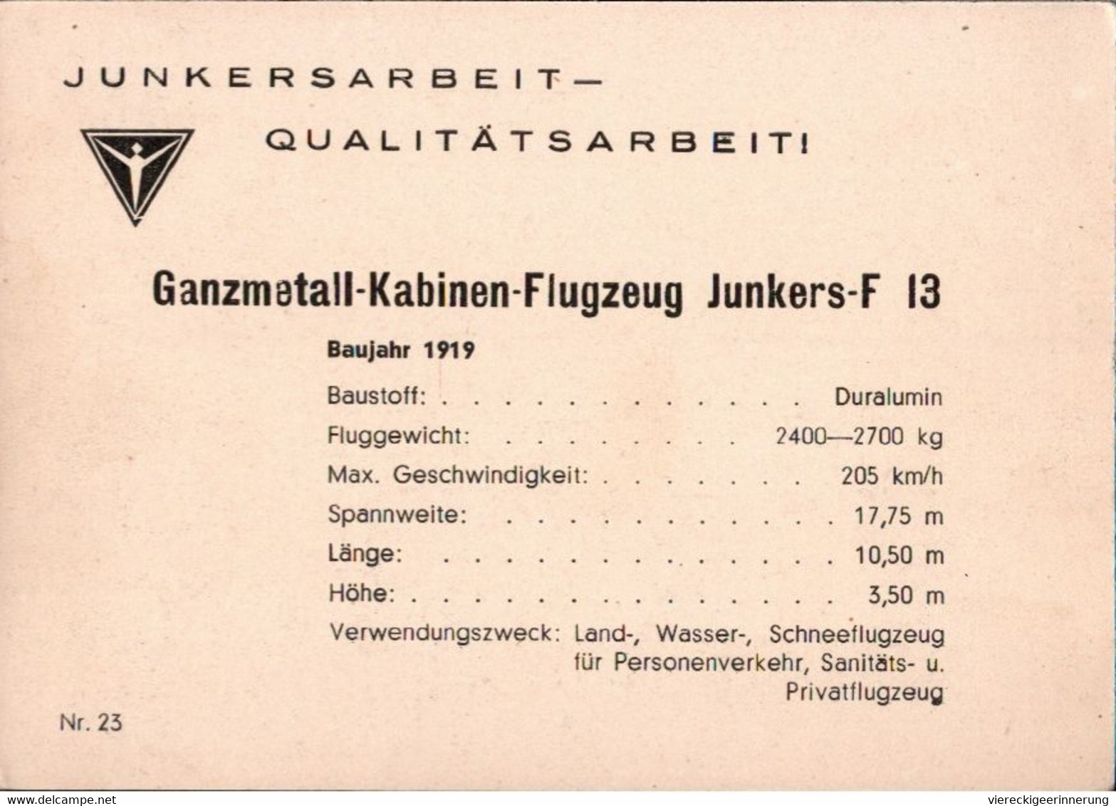 ! Alte Reklame Ansichtskarte Junkers F13, Propellerflugzeug, Airplane, D-2313 - 1919-1938: Entre Guerres