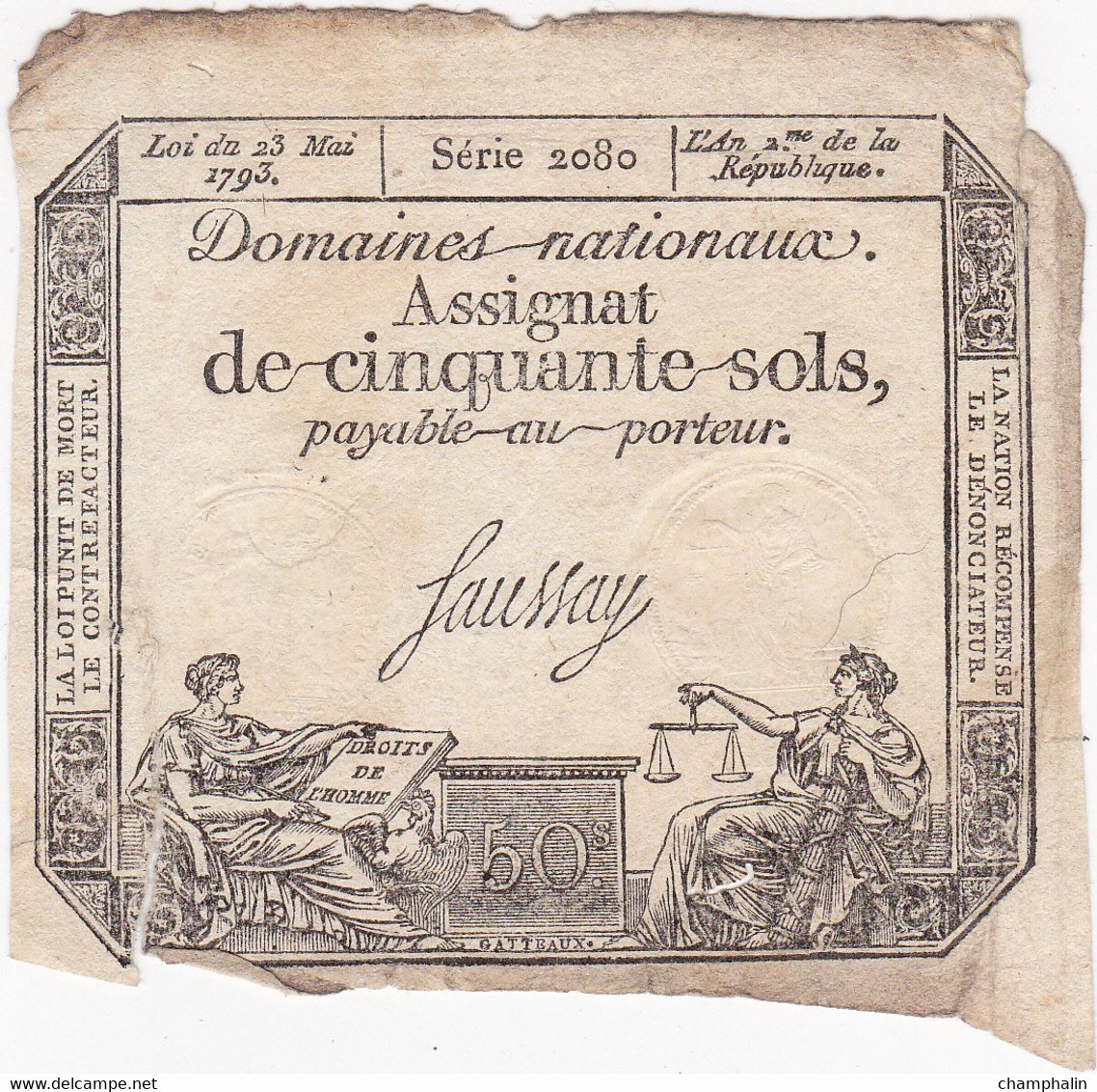 France - Assignat De 50 Sols - 23 Mai 1793 - Série 2080 - Signature Saussay - Assignats & Mandats Territoriaux