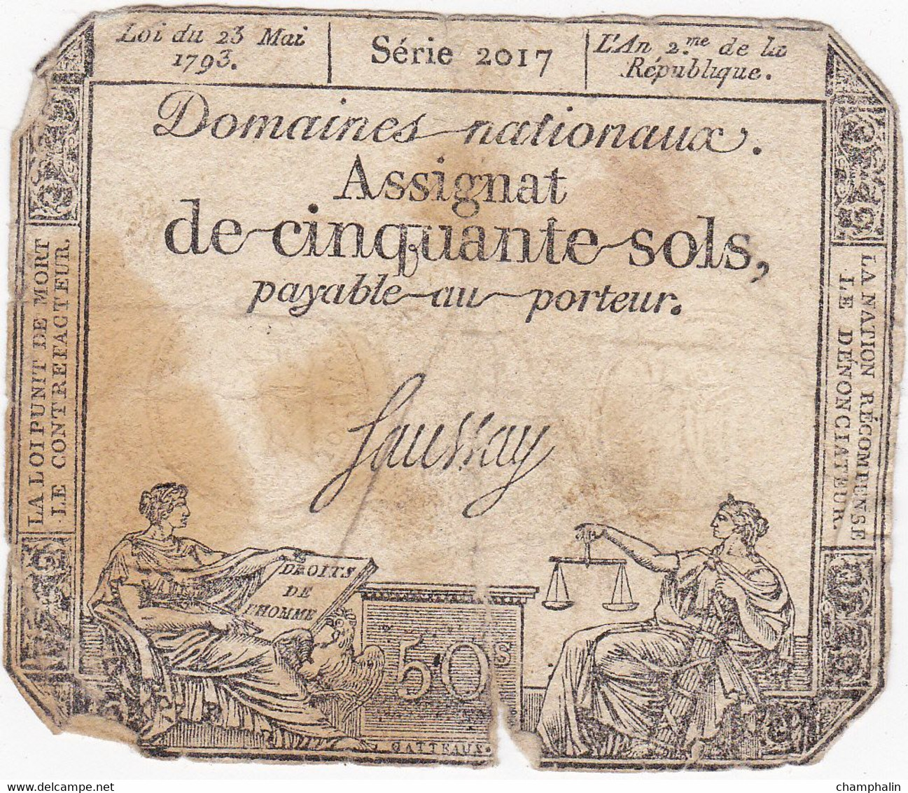 France - Assignat De 50 Sols - 23 Mai 1793 - Série 2017 - Signature Saussay - Assignats & Mandats Territoriaux