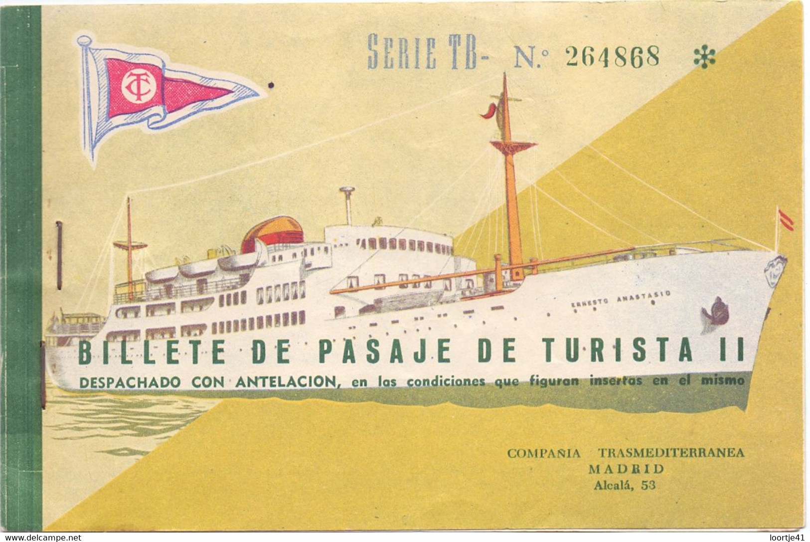 Biljet Billet Billete De Pasaje De Turista II - Compania Transmediterranea Madrid - 1962 - Europa