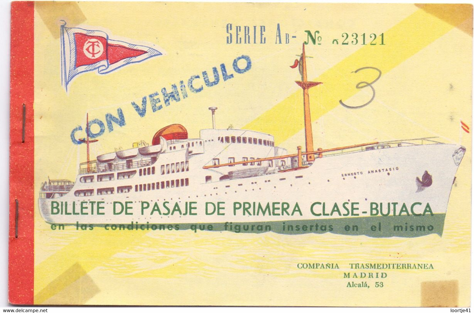 Biljet Billet Billete De Pasaje De Primera Clase Butaca - Compania Transmediterranea Madrid - 1962 - Europe