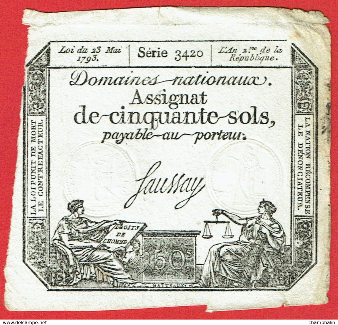 France - Assignat De 50 Sols - 23 Mai 1793 - Série 3420 - Saussay - Signature Manuscrite Au Dos Delfraissy De Prades - Assignats & Mandats Territoriaux